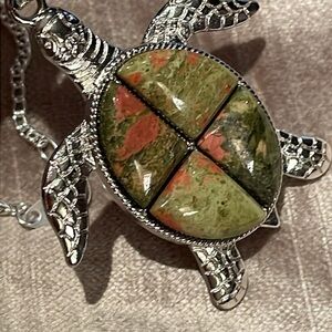 Sea Turtle Pendant Necklace 10 karats of Natural Gemstone Unakite
